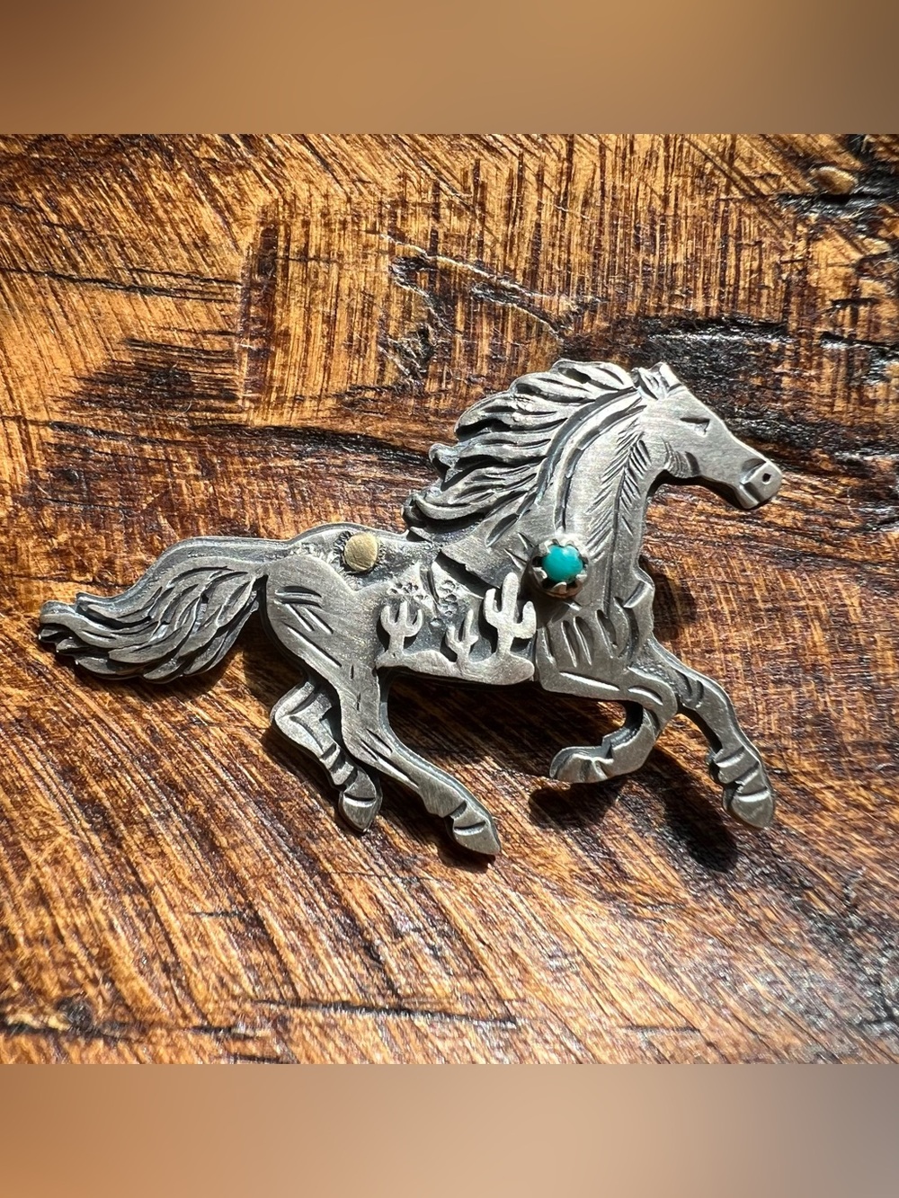 Kingman Turquoise Sterling Silver Horse Pendant Brass Moon Southwestern